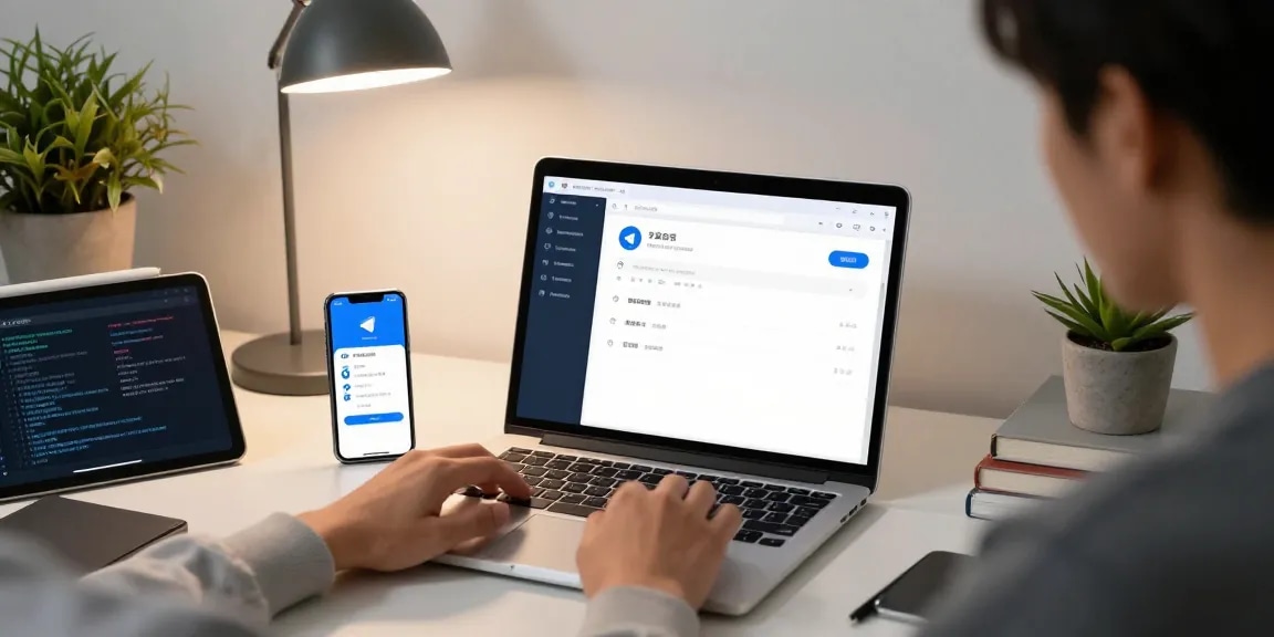 Configure Telegram Chinese language settings on a sleek tech workspace.