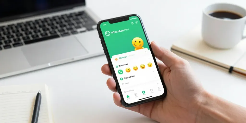 Interactive GBApps WhatsApp Plus interface on a smartphone displayed in a bright workspace.
