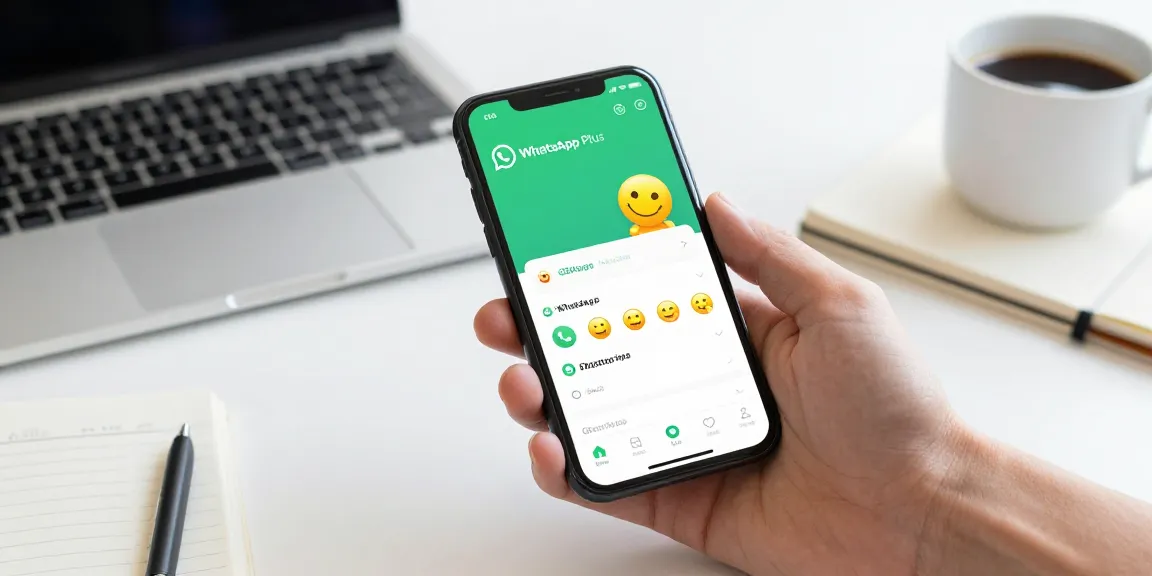 Interactive GBApps WhatsApp Plus interface on a smartphone displayed in a bright workspace.