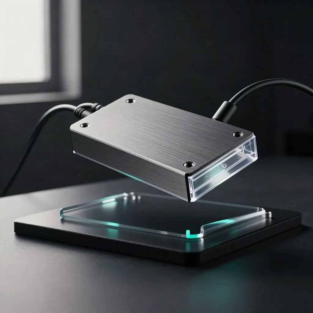 Floating tracking module with clear shell and cable loops against a dark studio glow