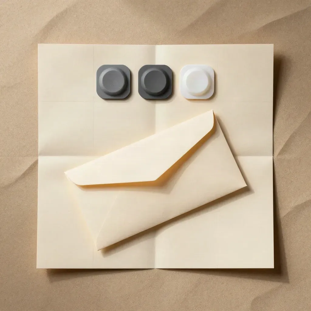 Overhead flatlay of a route-plan pack, chips, and envelope on sand-toned paper