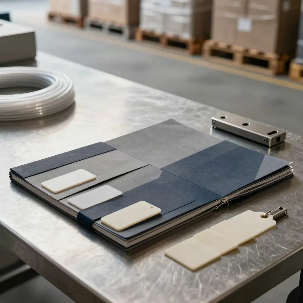Open shipping-plan folio with route bands and dock tokens on a steel warehouse table.