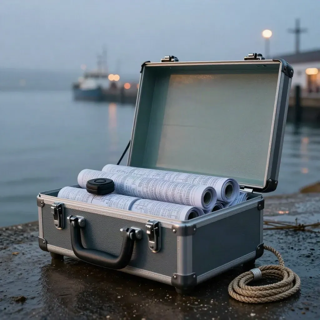 Half-open freight audit kit on wet quay stone with route tubes, tracker puck and dock markers.