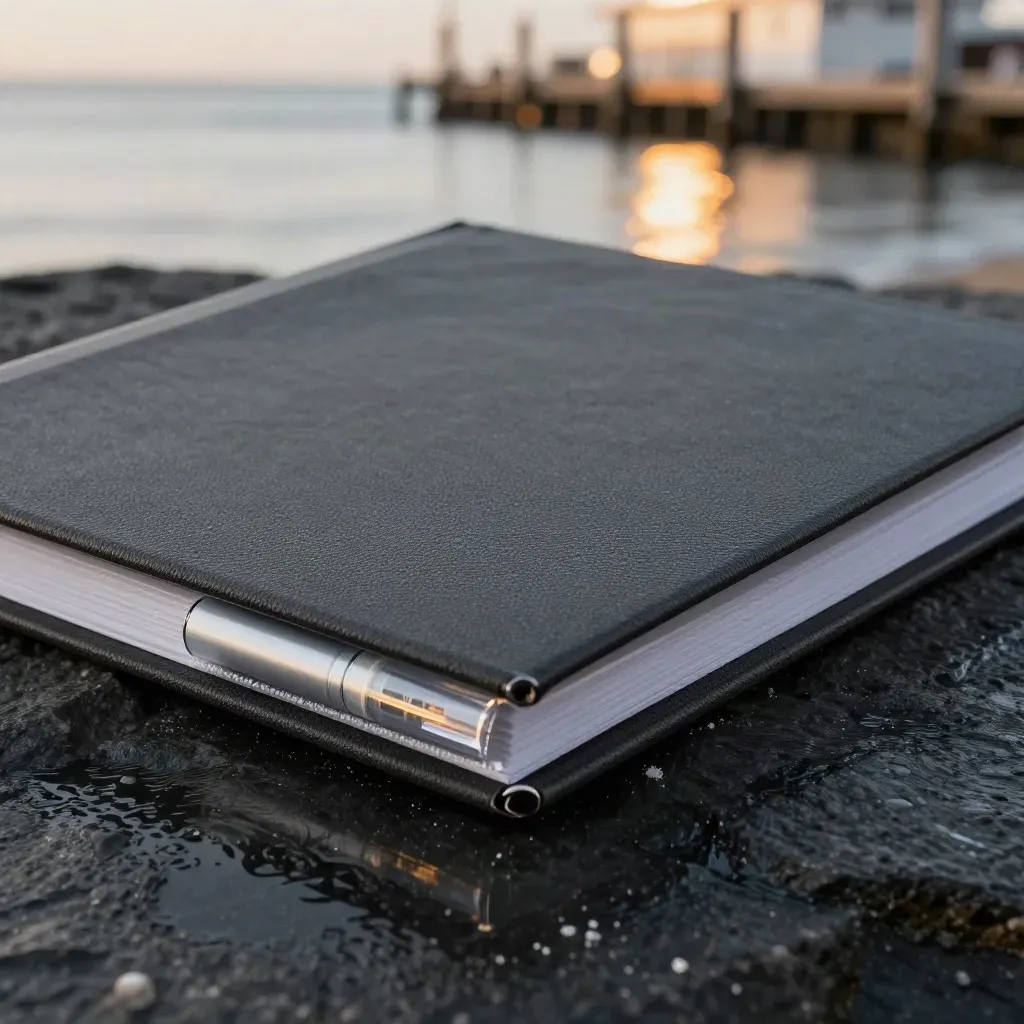 Macro of an unbranded delay-audit binder on wet basalt with sea spray and dock light.