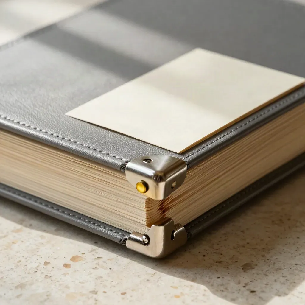 Macro of an unbranded ledger case with brass marker, card dividers and steel corners on travertine.