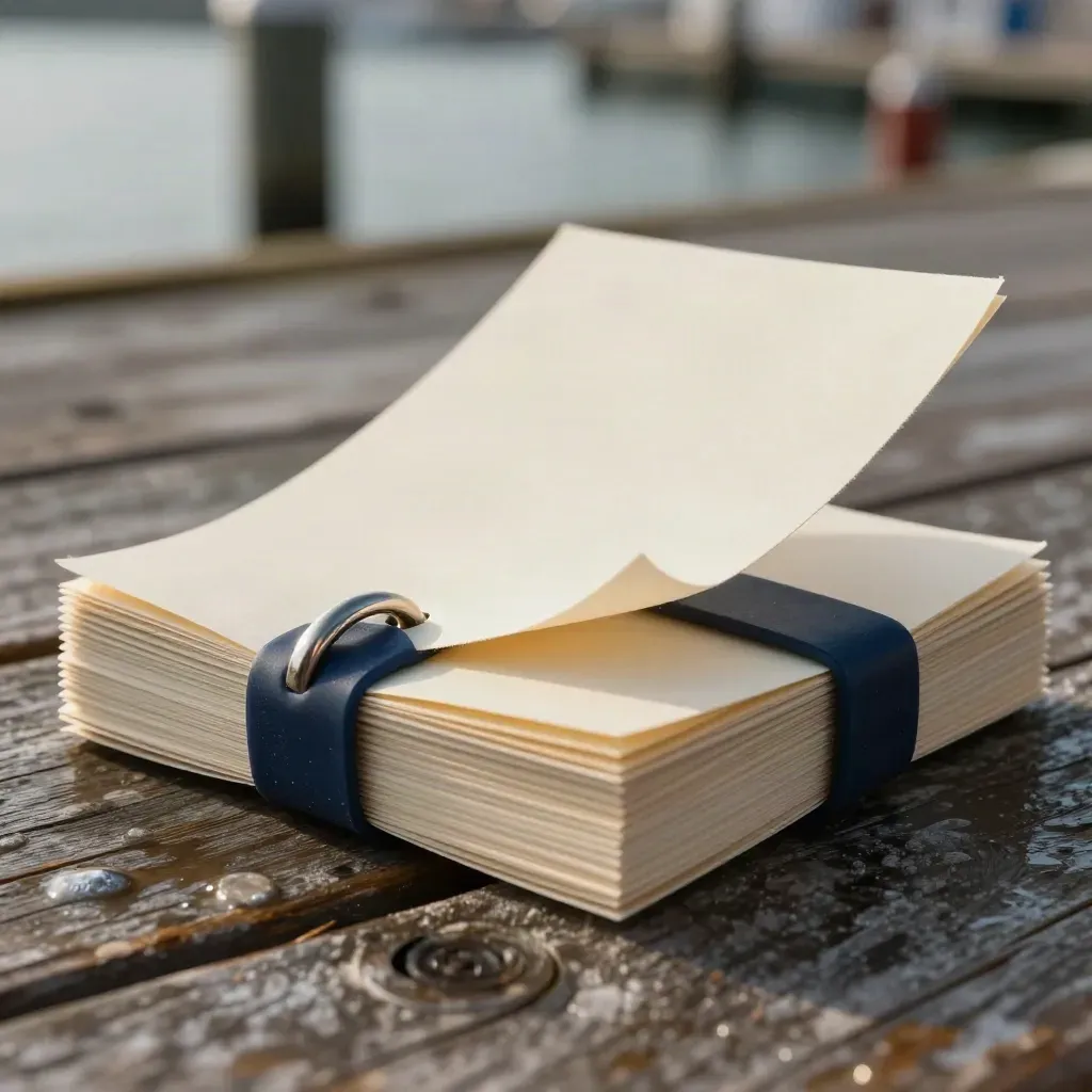 Dock-call kit with blank cards, metal ring and navy band lifted by sea wind on a harbour table.