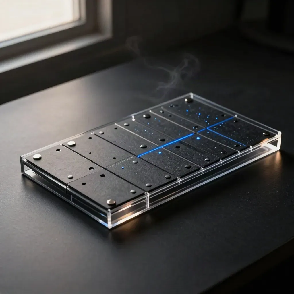 Magnetic tabs and clear tray locked diagonally on a dark surface with blue rim light.