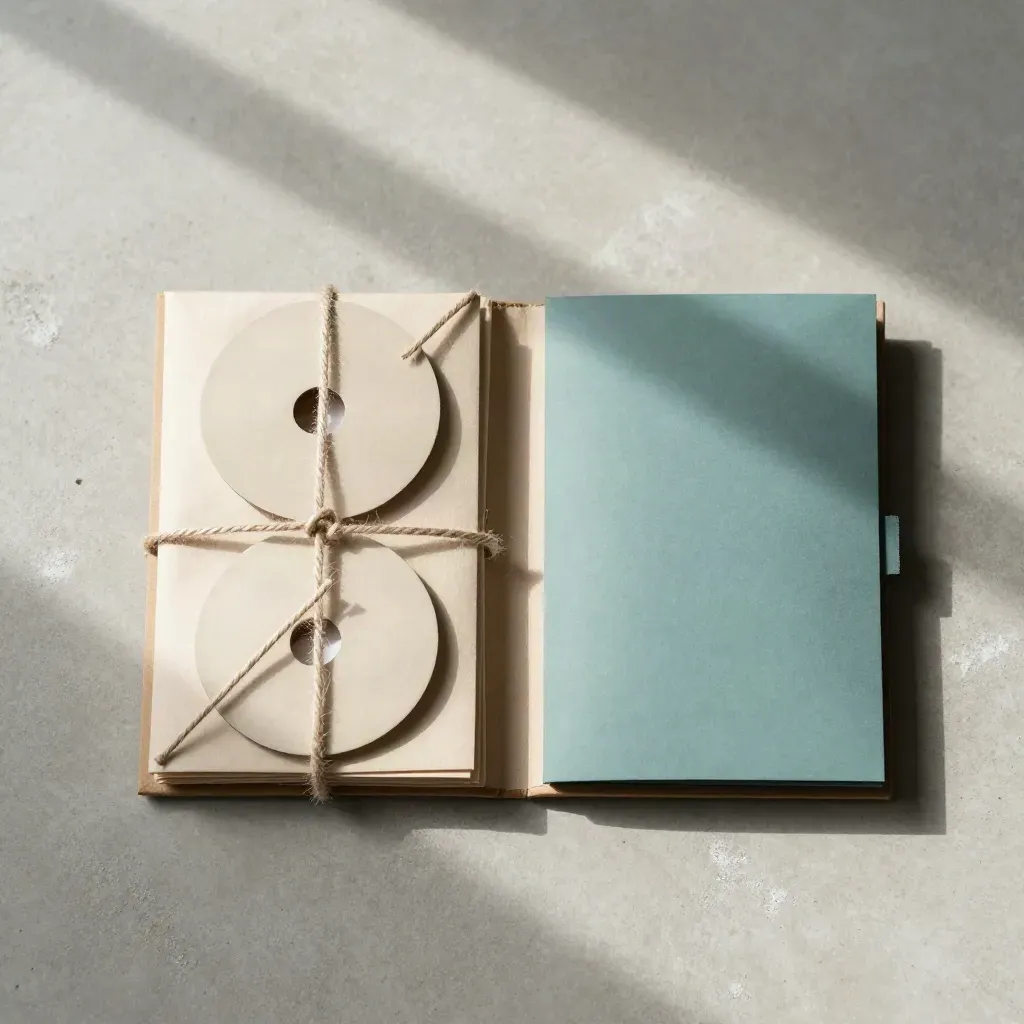 Top-down flatlay of a shipping slipcase, twine, blank seals and tissue on pale concrete.