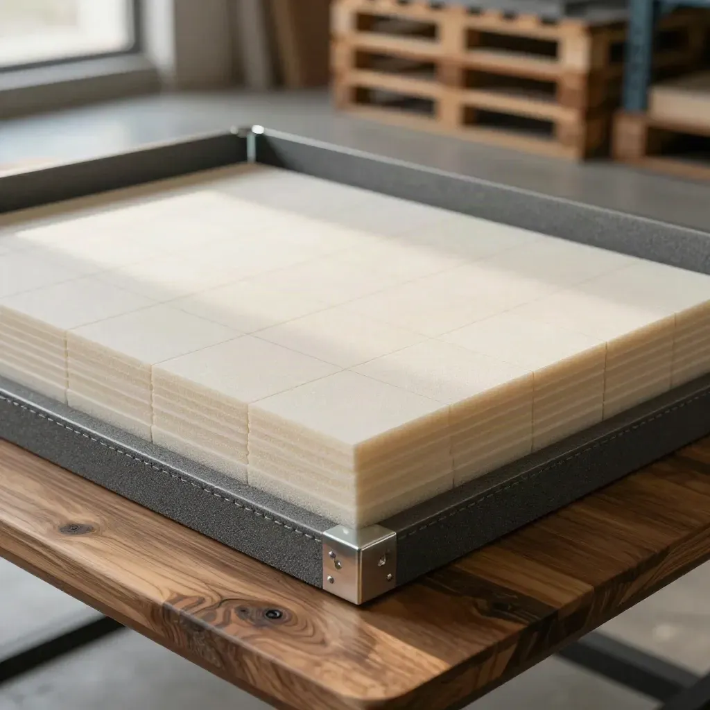 Opened warehouse layout case with foam blocks, floor tiles and steel clips on a walnut bench.