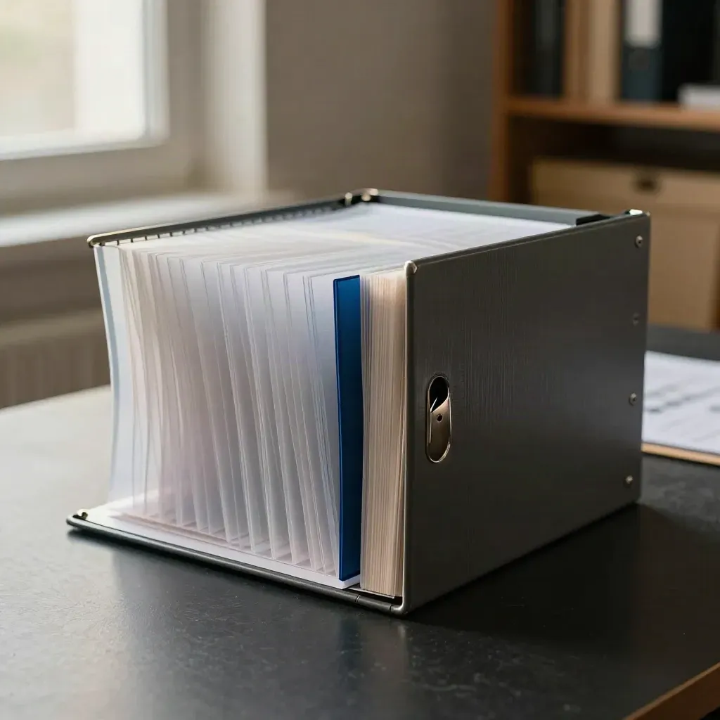 Carrier-scorecard binder mid-turn with fanned dividers and a deep blue tab on a dark slate surface.