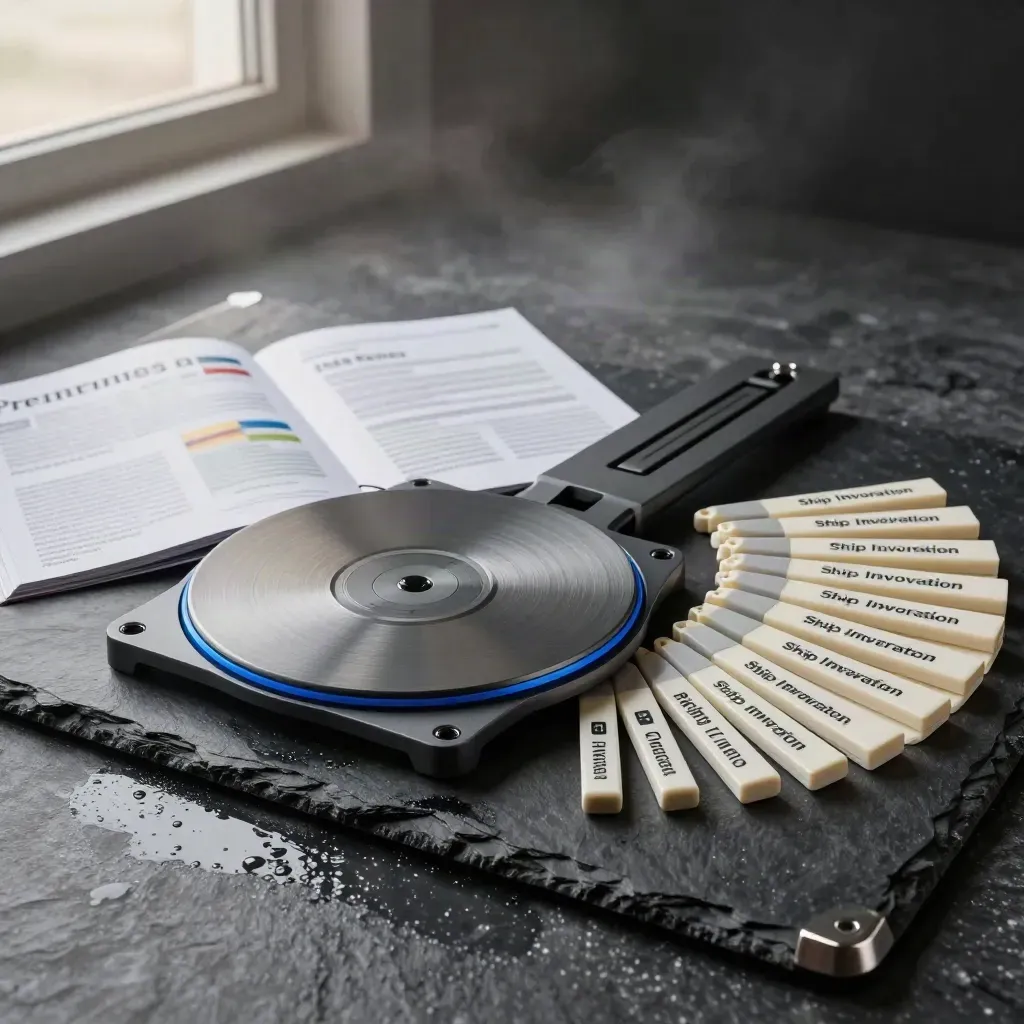 Open shipping audit kit on wet slate with dividers, tracker disc, folio and dock markers in harbor light.