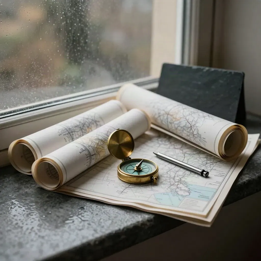 Route review kit by a rain-streaked window with rolled charts, brass weight, and clip.
