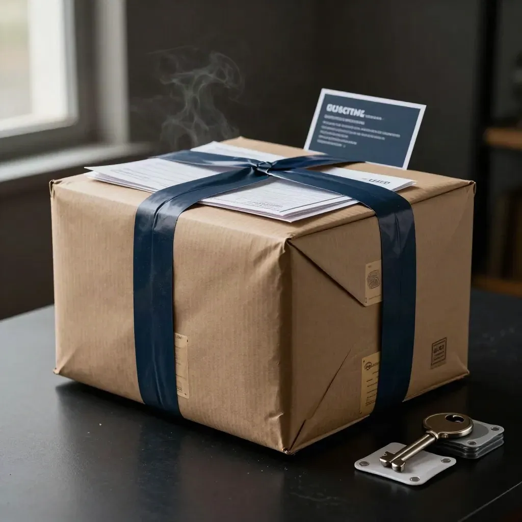 Cross-border shipping pack with customs accessories on a dark studio surface.