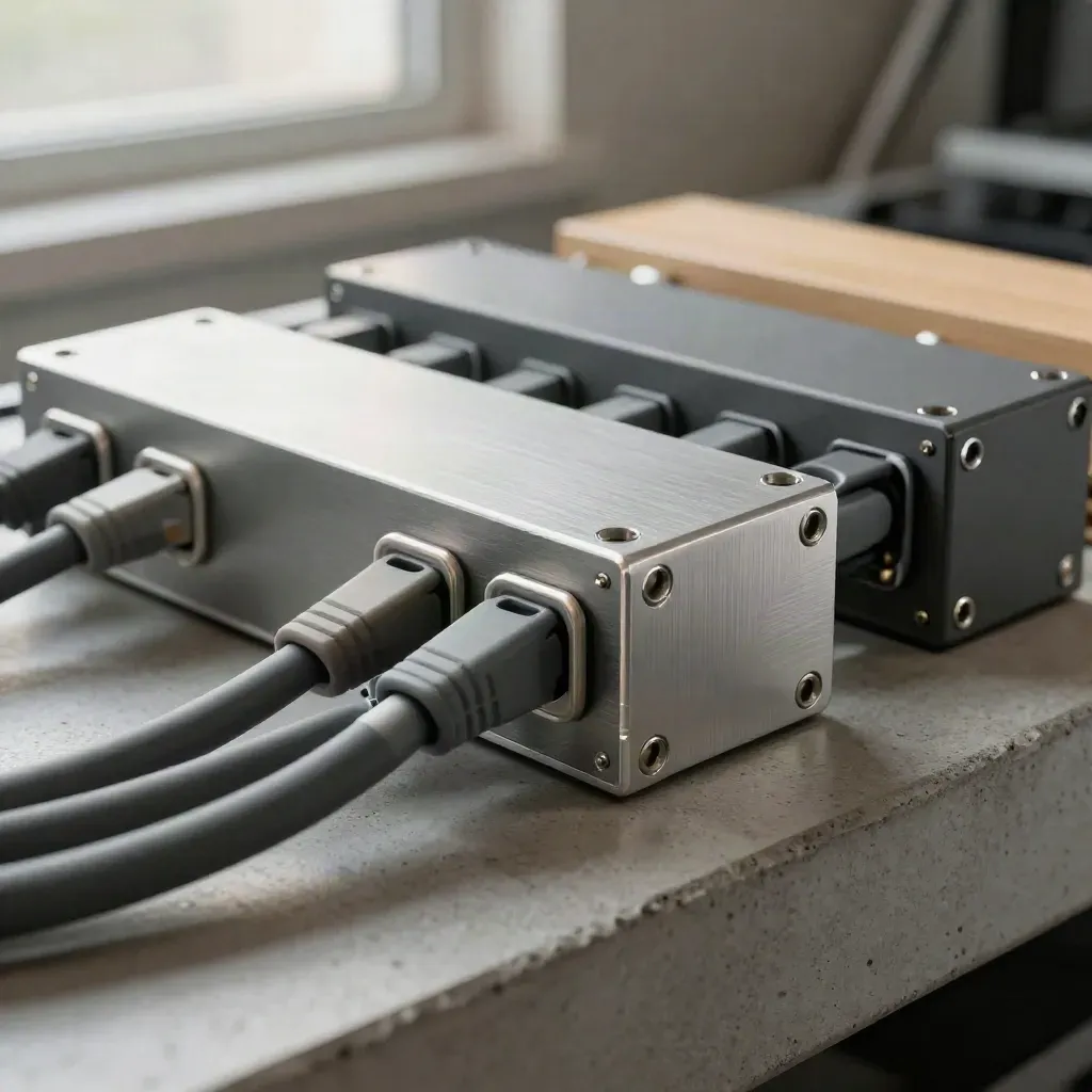 Macro of a modular shipping tech setup case with cable loops and brushed metal shell on concrete.