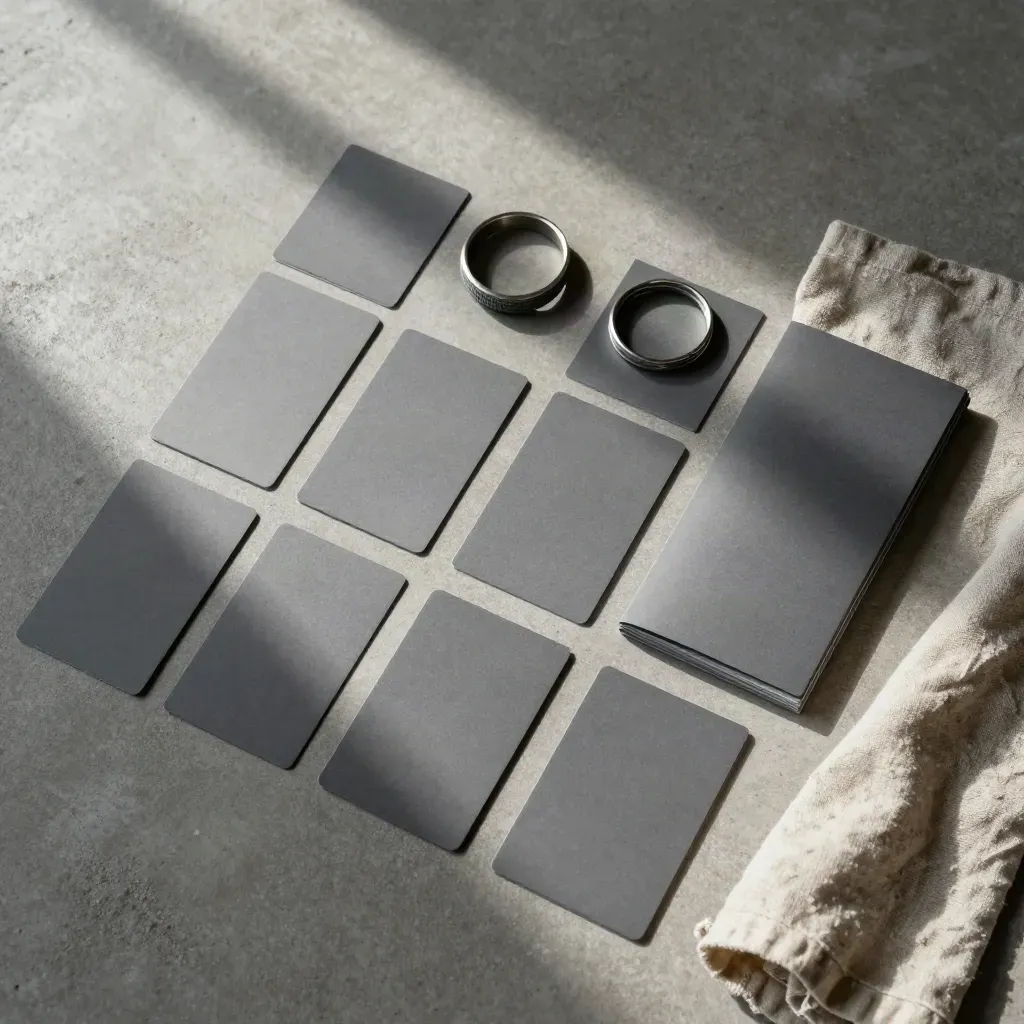 Overhead flatlay of a port-call desk kit with cards, bands, steel ring and folded cloth on concrete.