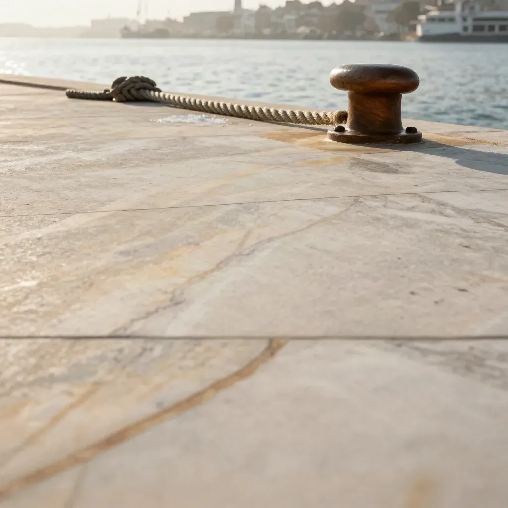 Cream marble cargo surface with rope coil and polished bollard above a calm harbor haze.