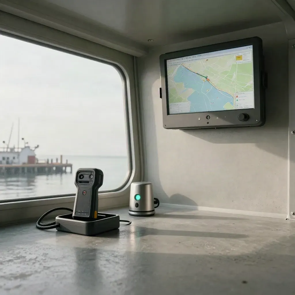 Industrial tracking nook with scanners, route glow, and dock silhouettes over open concrete floor.
