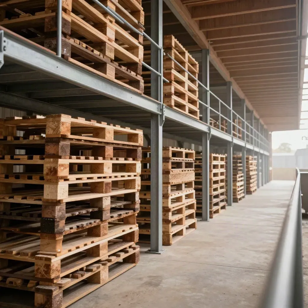 Sunlit timber warehouse corridor with stacked pallets above a calm concrete floor