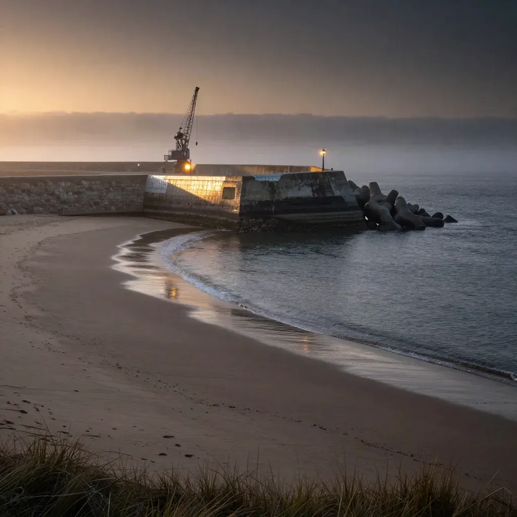 Foggy coastal breakwater with crane and dock lights above calm harbor water at sunset