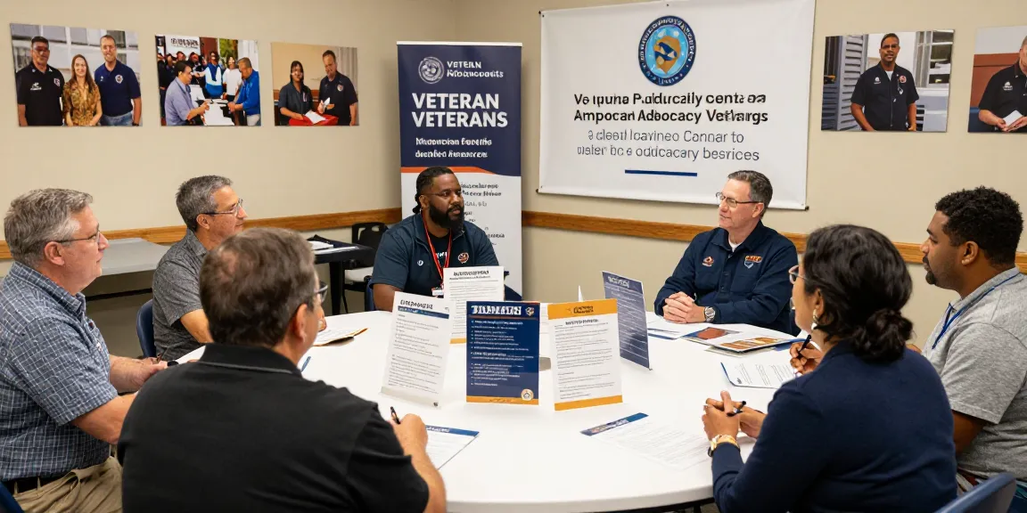 Veteran advocacy services workshop with diverse veterans collaborating on community resources.