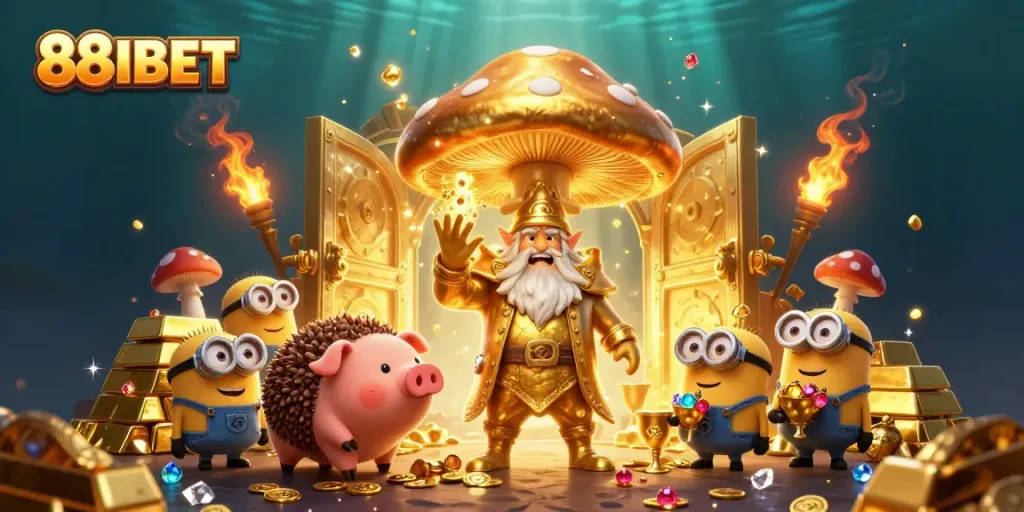 Experience the magic of 88IBET with a golden mushroom wizard and treasures in a vibrant casino world.