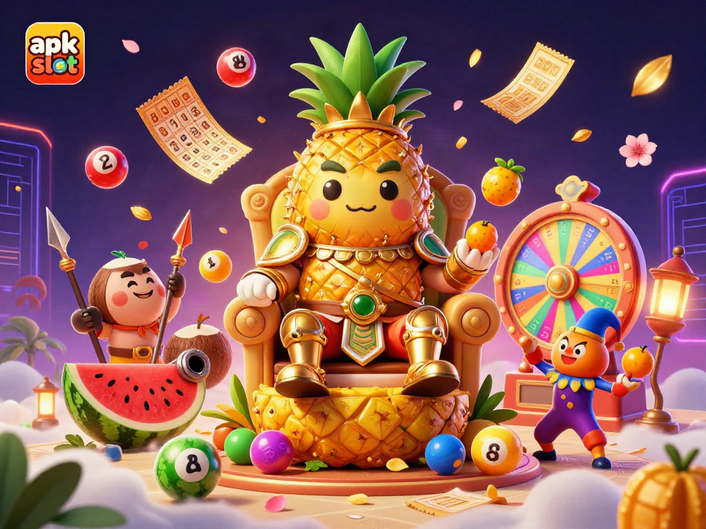 Engage with the apk slot experience amidst lively casino scenes with golden pineapple king and dynamic game elements.
