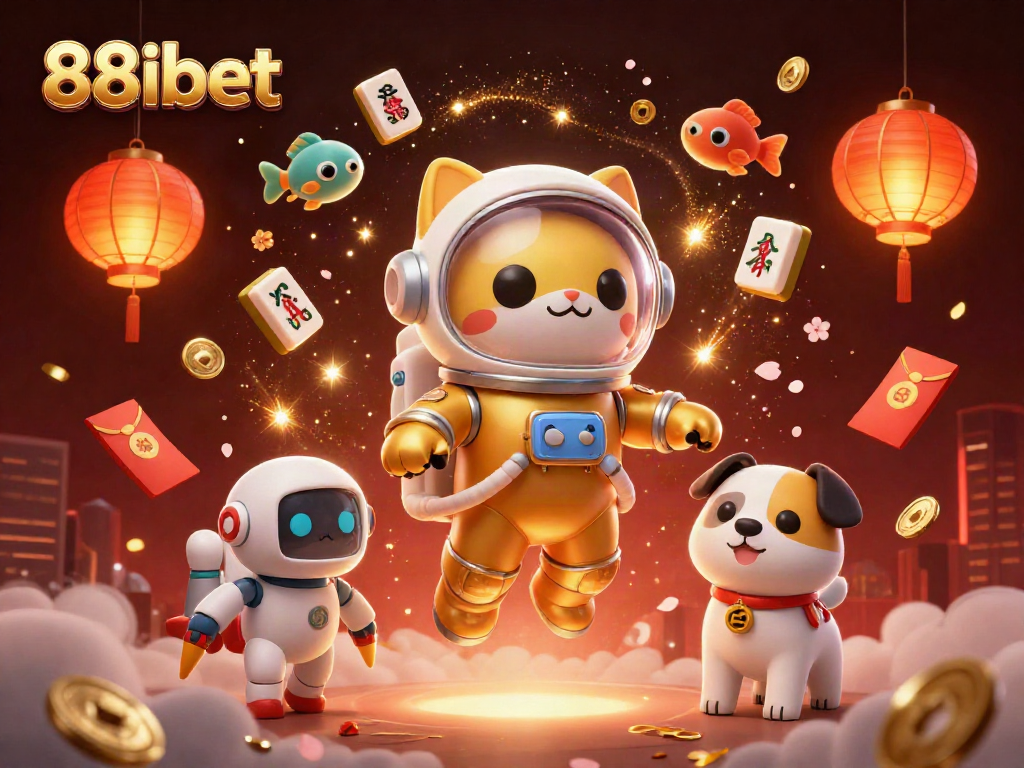 88ibet showcases a lively scene of a space astronaut cat and robot dog amidst floating casino elements.