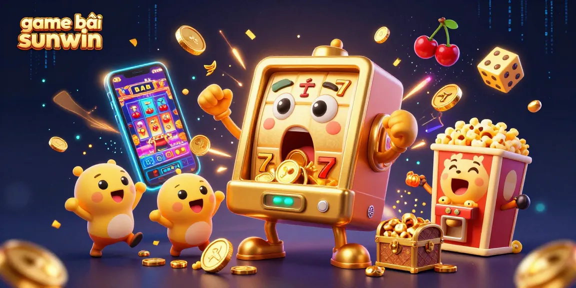 Experience game bài sunwin with a lively 3D scene featuring golden slot machines celebrating a jackpot.